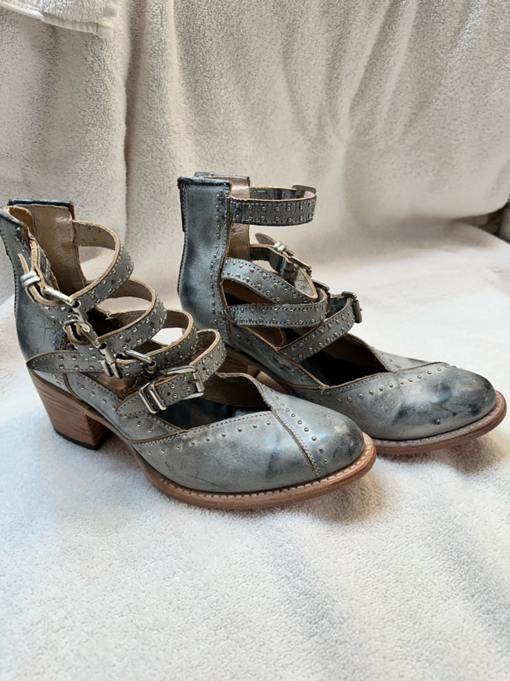 Freebird Felicity Metallic Gray Studded Strappy Ankle Booties